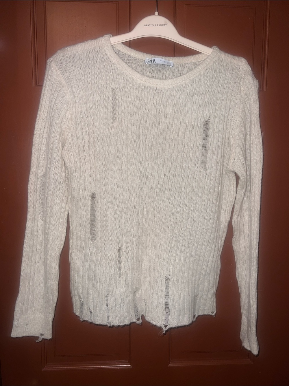 Zara Off-White Ribbed Distressed Crew Neck Sweater